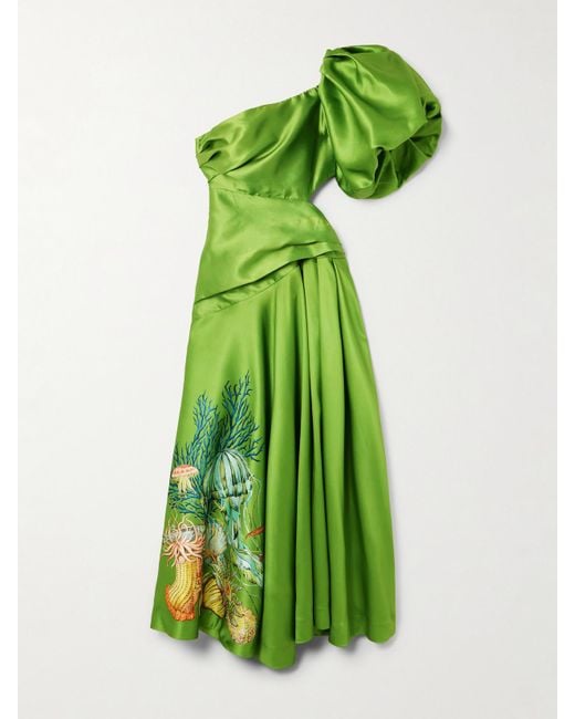ALÉMAIS Green Sam Pauletto Aquatica Asymmetrisches Kleid Aus Glänzendem, Recyceltem Twill Mit Print