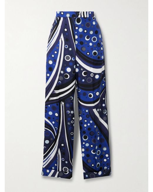 Emilio Pucci Blue Printed Silk-Twill Straight-Leg Pants