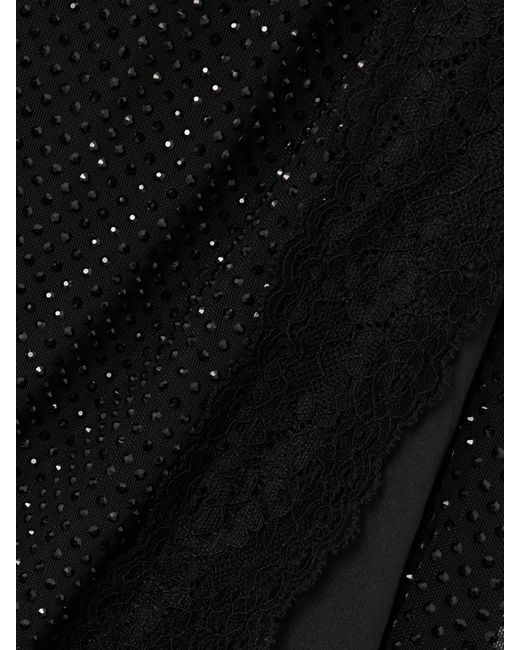 Self-Portrait Black Crystal-Embellished Lace-Trimmed Mesh Midi Skirt