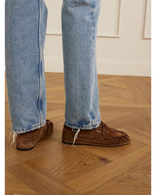 Saint Laurent Brown Le Loafer Bateau Cassandre-Embellished Suede Loafers