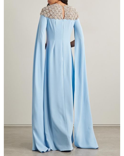 Oscar de la Renta Blue Cape-Effect Embellished Tulle-Trimmed Silk-Blend Georgette Gown