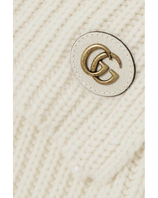 Gucci White Embellished Leather-Trimmed Ribbed Wool And Cashmere-Blend Scarf