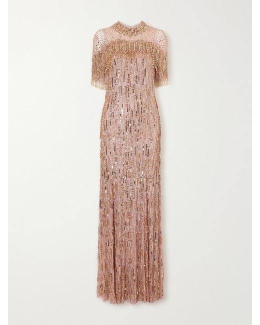 Jenny Packham Pink Leia Cape-Detailed Sequin-Embellished Gown