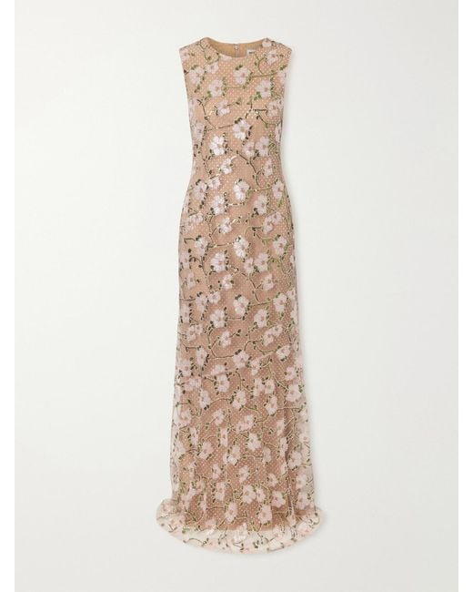 Self-Portrait Natural Sequin-Embellished Mesh Maxi Dress