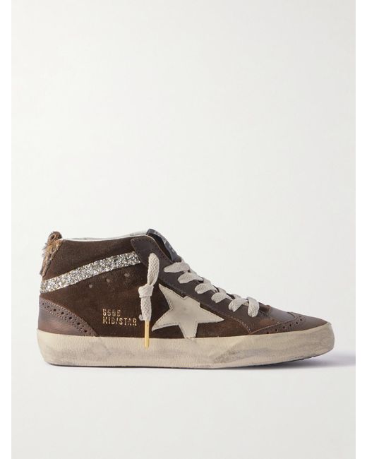 Golden Goose Deluxe Brand Brown Mid Star Distressed Crystal-Embellished Leather And Suede High-Top Sneakers