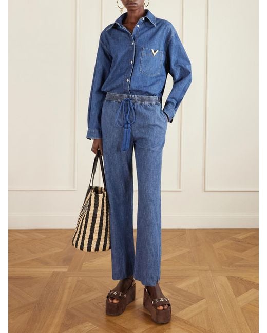 Valentino Garavani Blue Tasseled High-Rise Bootcut Jeans