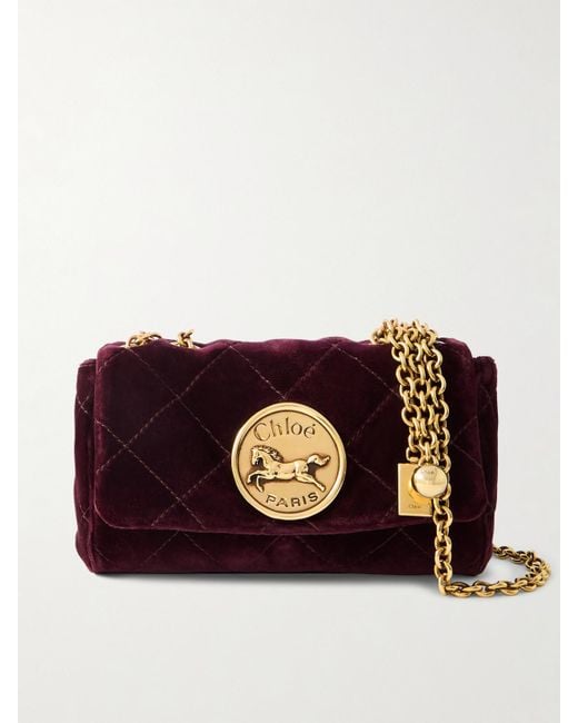 Chloé Red Heritage Small Embellished Quilted Velvet Shoulder Bag