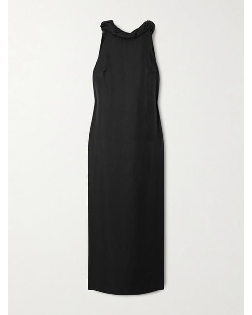 Loulou de Saison Black Susan Tie-Detailed Draped Silk-Twill Midi Dress