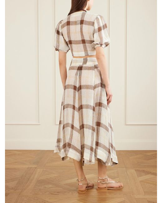 Lisa Marie Fernandez Natural Tie-Detailed Checked Linen-Blend Gauze Midi Skirt