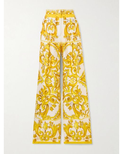 Dolce & Gabbana Yellow Maiolica Printed Silk-Twill Wide-Leg Pants