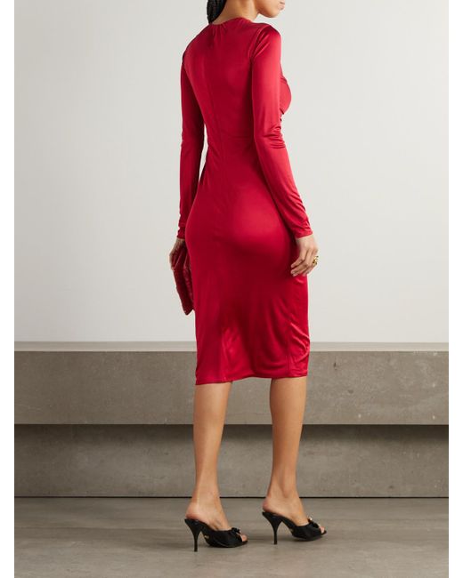 Versace Red Embellished Twist-Front Jersey Midi Dress