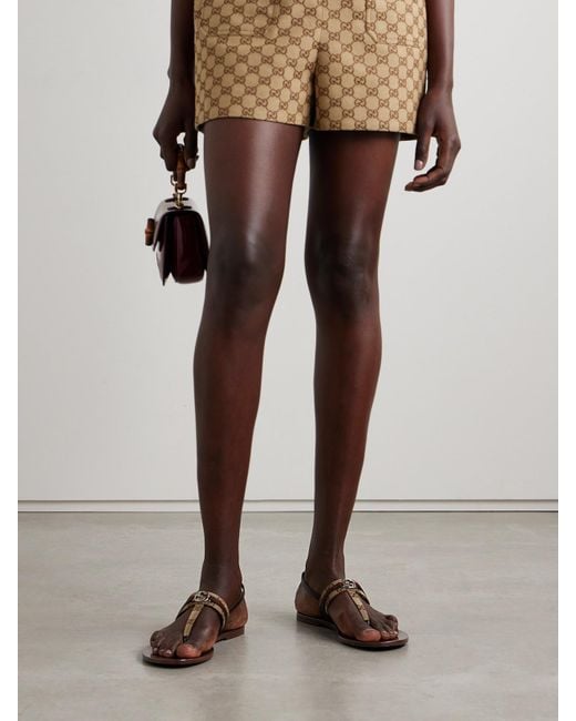 Gucci Natural Kika Logo-Embellished Webbing And Leather-Trimmed Canvas-Jacquard Sandals