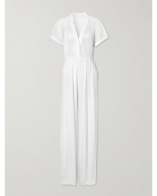 Norma Kamali White Geralyn Belted Paneled Jersey And Mesh Jumpsuit