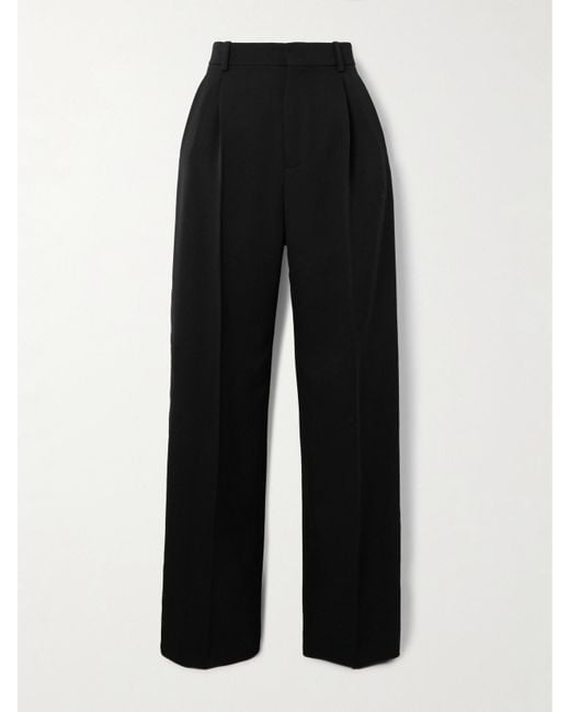 Saint Laurent Black Pleated Grain De Poudre Wool Straight-Leg Pants