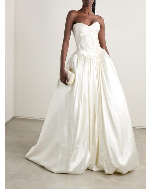 Danielle Frankel White Ella Strapless Frayed Pintucked Silk And Wool-Blend Satin Bustier Top