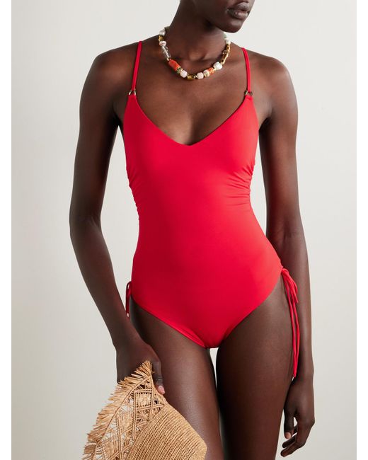 Melissa Odabash Red Havana Embellished Ruched Swimsuit
