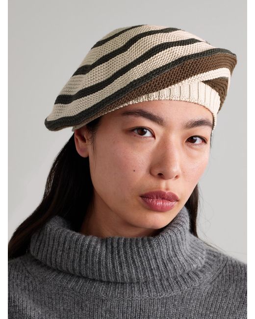 Brunello Cucinelli Natural Bead-Embellished Striped Cotton Beret