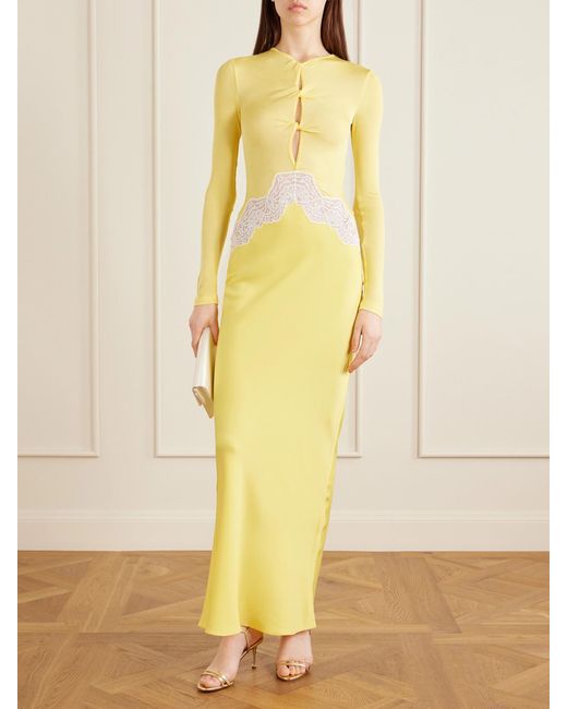 Christopher Esber Yellow Twisted-Front Cutout Lace-Trimmed Ribbed-Knit And Crepe Gown