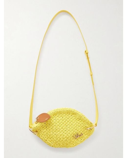 Chloé Yellow Tropicus Embellished Leather-Trimmed Woven Shoulder Bag