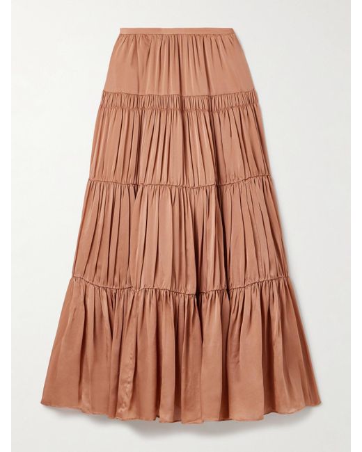 Ulla Johnson Brown Gaelle Tiered Gathered Silk Maxi Skirt