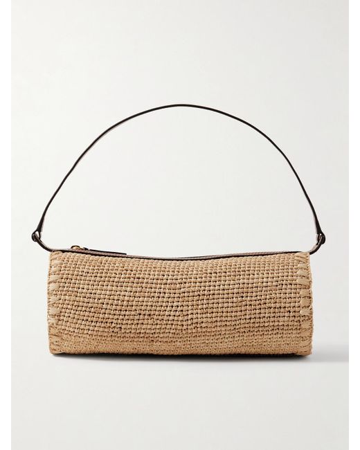 Staud Natural Taru Mini Leather-Trimmed Raffia Shoulder Bag