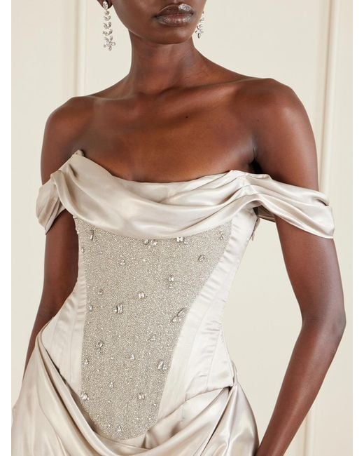 Clio Peppiatt White Paloma Convertible Draped Embellished Satin Mini Dress