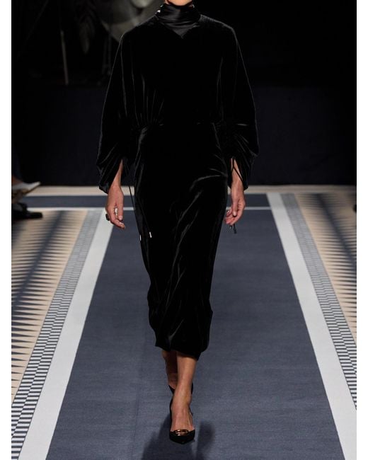 Lanvin Black Midikleid Aus Samt Mit Satinbesatz Zum Binden