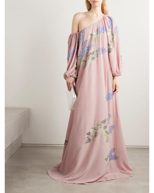BERNADETTE Pink Nathalie Off-The-Shoulder Embellished Silk Crepe De Chine Gown
