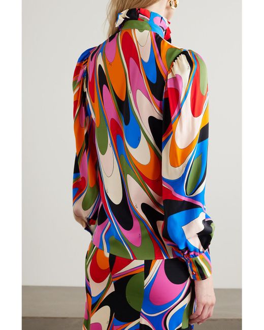 Emilio Pucci Blue Pussy-Bow Printed Crepe Blouse