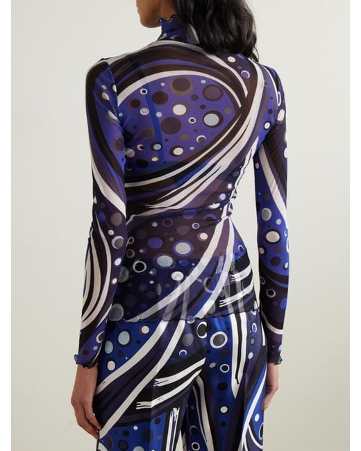 Emilio Pucci Blue Printed Tulle Turtleneck Top