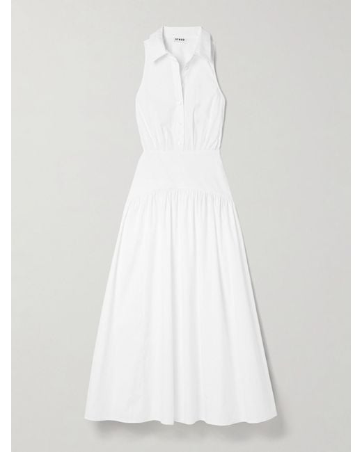 Staud White Romy Gathered Cotton-Blend Poplin Maxi Dress