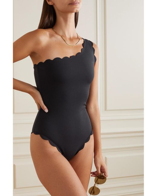 Marysia Swim Black Net Sustain Santa Barbara One-Shoulder Scalloped Stretch Recycled-Crepe Swimsuit