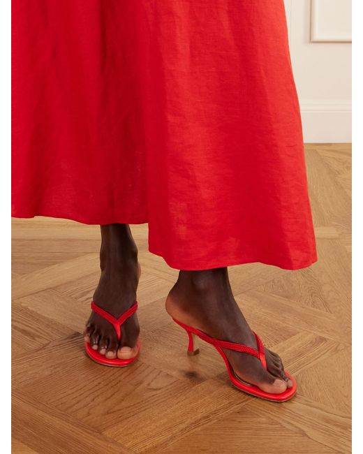 Staud Red Freja Embellished Leather Thong Sandals