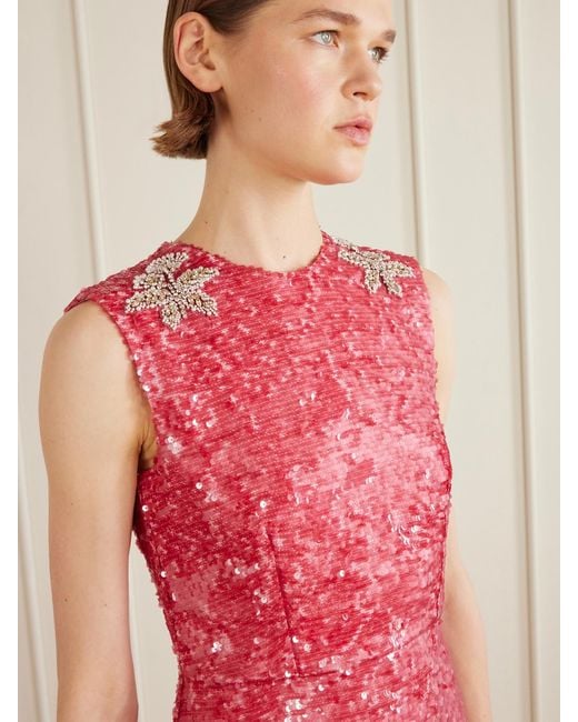 Erdem Red Crystal-Embellished Sequined Satin Midi Dress