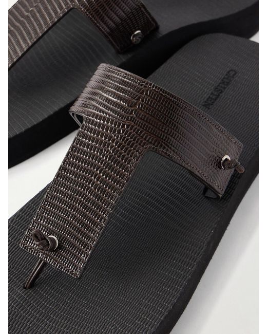 Christen Brown Edge Lizard-Effect Leather Flip Flops