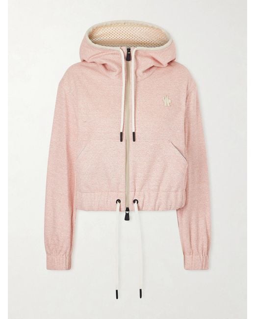 Moncler Pink Appliquéd Canvas-Trimmed Linen And Cotton-Blend Zip-Up Hoodie