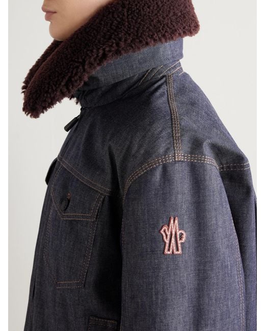 Moncler Blue Yunque Shearling-Trimmed Denim Down Jacket
