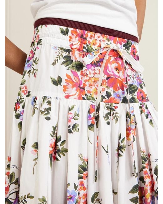 Dolce & Gabbana White Pleated Tiered Floral-Print Cotton-Poplin Midi Skirt