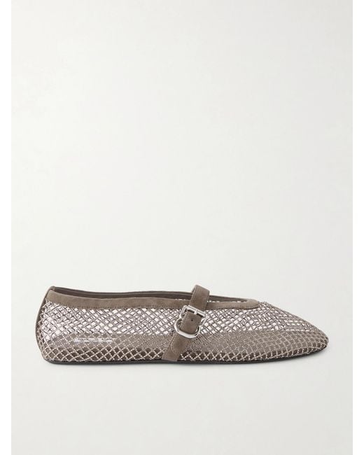 Alaïa Gray Crystal-Embellished Suede-Trimmed Mesh Ballet Flats