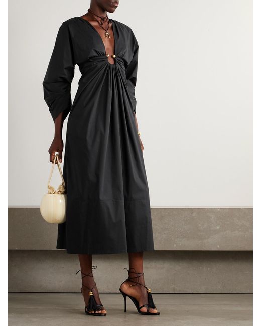 Cult Gaia Black Elyza Embellished Gathered Cotton-Blend Poplin Midi Dress
