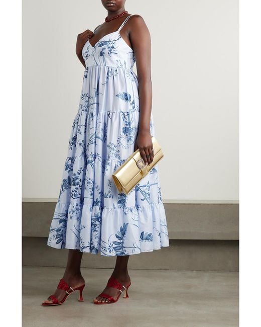 Erdem Blue Tiered Floral-Print Cotton-Poplin Gown