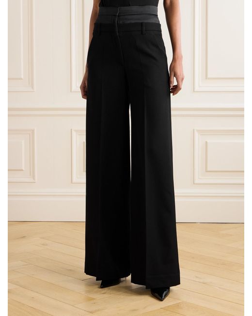 Erdem Black Satin-Trimmed Grain De Poudre Wool Wide-Leg Pants