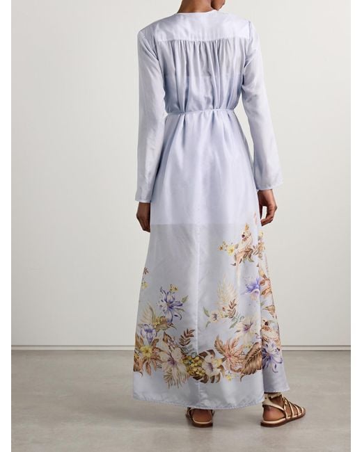 Zimmermann White Coco Belted Printed Silk-Satin Maxi Dress