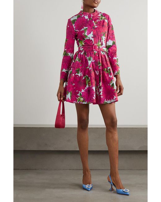 Oscar de la Renta Pink Belted Tiered Floral-Print Cotton-Poplin Mini Dress