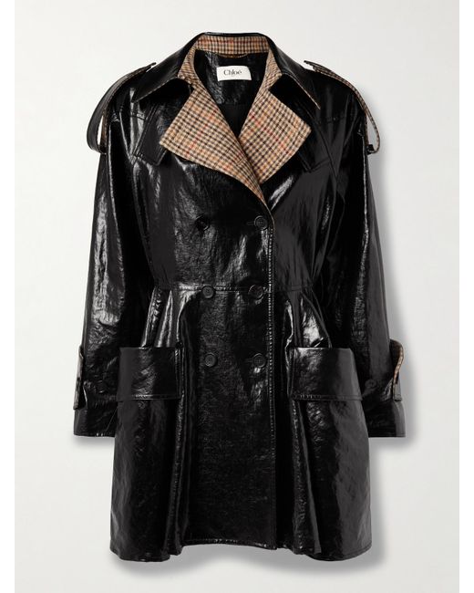 Chloé Black Wool-Blend Trimmed Coated-Linen Double-Breasted Coat