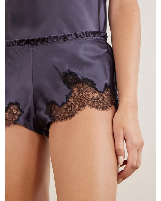 Carine Gilson Purple Lace-Trimmed Silk-Satin Shorts