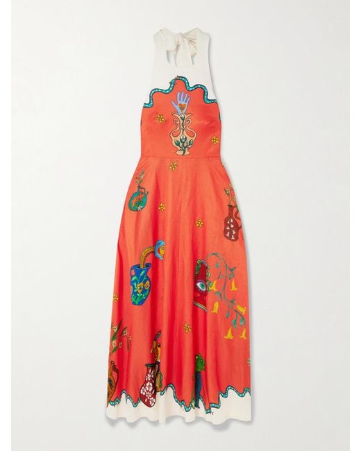 ALÉMAIS Red Rose Printed Twill Maxi Halterneck Dress