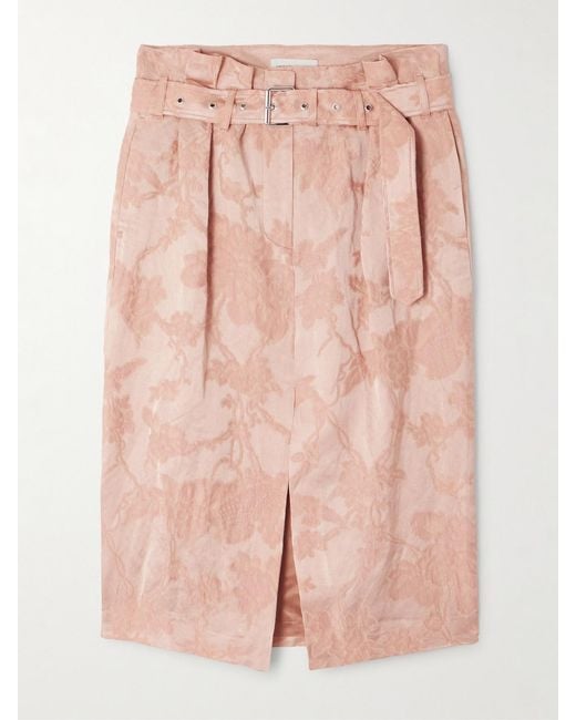Dries Van Noten Pink Belted Pleated Linen-Blend Jacquard Skirt
