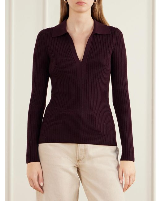 Joseph Purple Ribbed Wool-Blend Polo Sweater