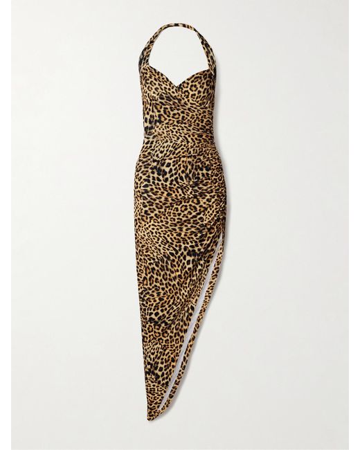 Norma Kamali Natural Cayla Ruched Leopard-Print Stretch-Jersey Halterneck Gown